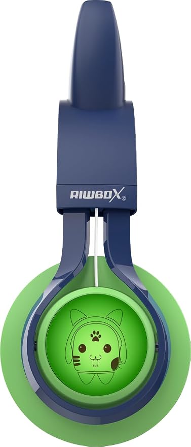 Riwbox Kids Headphones, CT-7S Cat Ear Bluetooth Headphones with LED Light, 85dB Volume Limiting, Over Ear with Microphone for Laptop/PC/TV (Green&Navy Blue)
