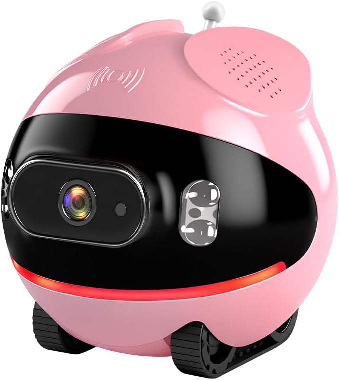 Pet Camera Robot with Cat Teaser: Battery-Operated, Movable with Phone App, 2-Way Talk, Video/Photo, Night Vision (Pink)