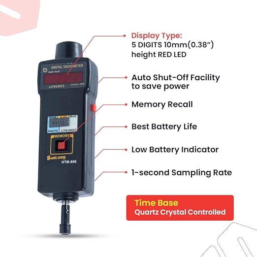 HTM-890 Digital Tachometer: 2-in-1 Contact Cum Non-Contact RPM Meter | Measure Speed of Motors, Engines, Drills & All Industrial Use | Memory Recall, Low Battery Indicator & More | 2025 Top Model