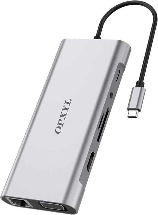 OPXYL 11-in-1 USB C Hub Multiport Adapter, USB C Docking Station with 4K HDMI, VGA 1080P, 100W PD, Ethernet, SD/TF, Audio, USB 3.0 Port, Laptop Dock for MacBook Pro/Air, iPad, Windows (Light Gray)