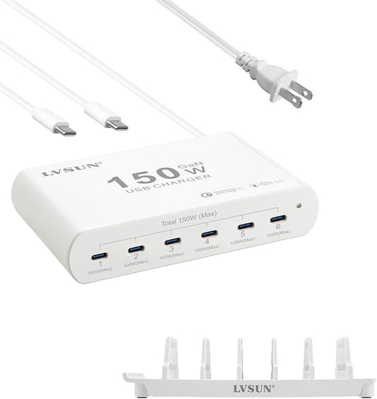 150W Charging Station for Multiple Devices, 6 Port PPS 100W USB C Charger, Multi-Device Organizer Fast Charging Dock for MacBook Pro, iPhone 17/16/15, Laptop, Tablet, iPad Pro and More, White