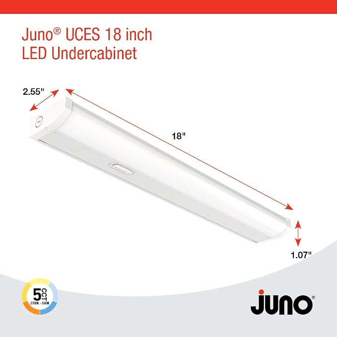 Juno UCES 18 Inch LED Under Cabinet Lighting, LED Kitchen Cabinet Light Fixture Hardwired, Dimmable, Damp Rated, Selectable Soft, Warm, Neutral, Cool, Daylight White Light (UCES 18IN SWW5 90CRI WH M6)