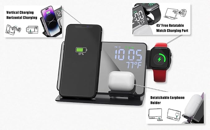 4-in-1 Wireless Charging Station for Apple Devices, 18W Fast Charge Wireless Charger Alarm Clock and Temperature Display, Wireless Charger Stand for iPhone 17 16 15 14 13 12, Apple Watch