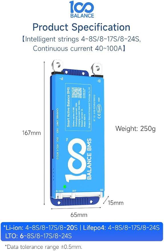 100BALANCE BMS 80A Active Balance 1A 8S-24S Build in Bluetooth Cell Balancing Smart PCB Battery Protection Board for Li-ion/Lifpo4/LTO Lithium Battery Pack