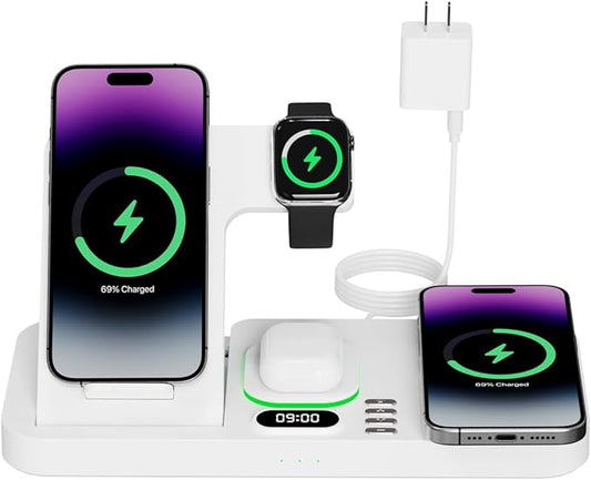 Dual Phone Wireless Charging Station for Multiple Apple Devices, Charging Station for iPhone with Auto Switch 7-Color Light&Clock, Family Wireless Watch Charger for iPhone17 for iWatch10 for AirPods4