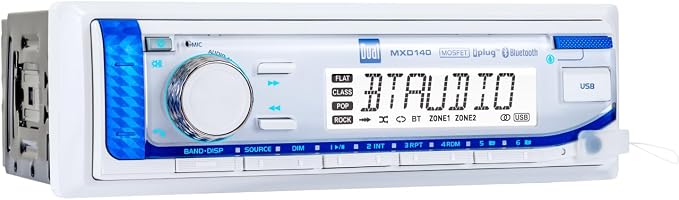 Dual Electronics MXD140 Marine Stereo with Built-in Bluetooth | Single DIN 8-Character Sunlight-Readable LCD Display | Weatherproof | AM/FM Stereo Receiver | USB Port with 2.1 A Charging | White