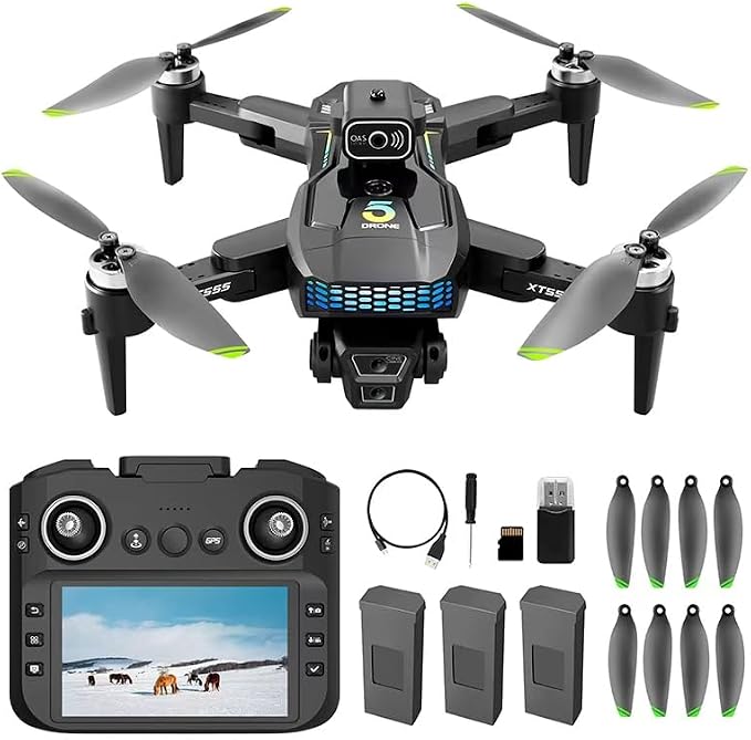 XT555 GPS Drone with 4K EIS Camera for Adults, RC Drone with 4.5" HD Screen on Controller, 60 Mins Flight Time, Long Range Transmission, Follow Me, Auto Return, Brushless Motor, Obstacle Avoidance, Lightweight and Foldable Quadcopter for Beginner Birth...