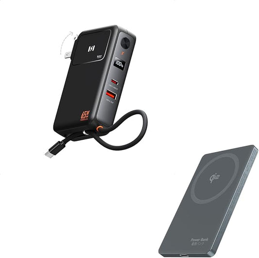 Selore&S-Global PD35W Fast Charging Power Bank 10000mAh with 65W Gan Wall Plug and Qi2 Certified 15W Magsafe Portable Charger 0.39 in Slim for iPhone 16/15/14/13/12 Series Grey