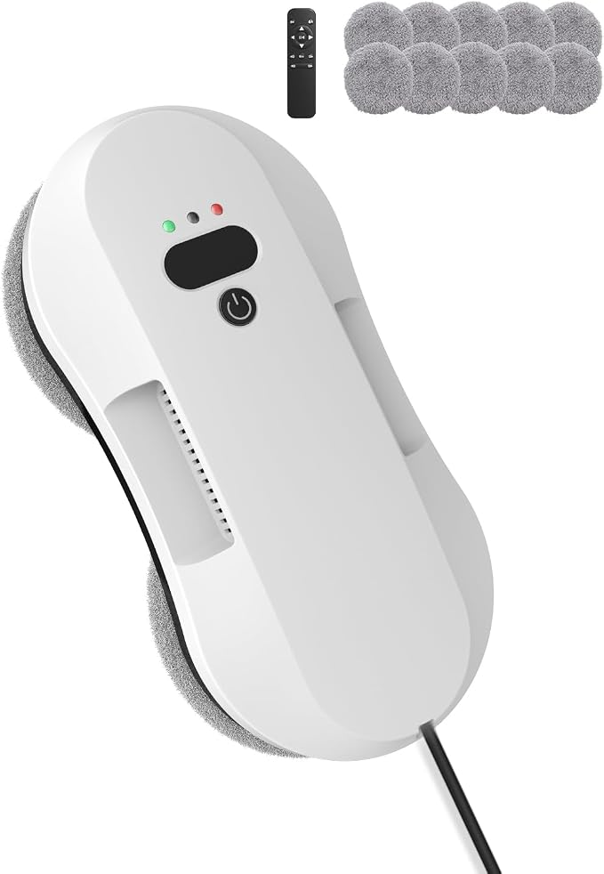Automatic Window Cleaning Robot for High Windows with 3000Pa Strong Suction, Dual-Nozzle, Power Failure Protection & Safety Rope, 10 Double-Sided Replacement Cloths