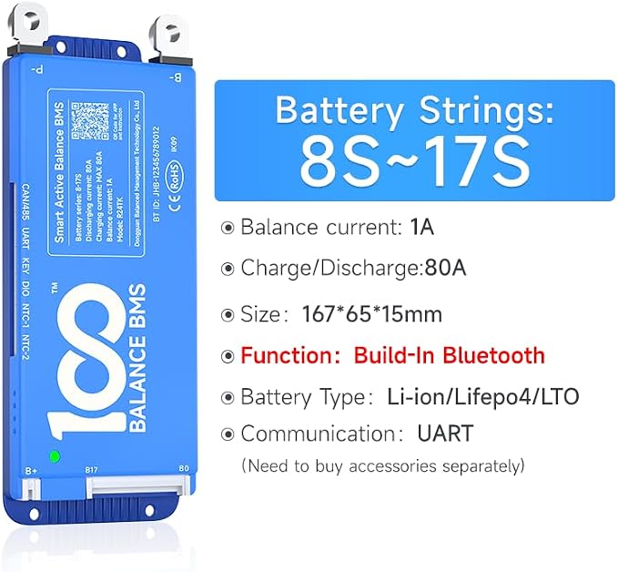 100BALANCE BMS 80A Active Balance 1A 8S-17S Build in Bluetooth Cell Balancing Smart PCB Battery Protection Board for Li-ion/Lifpo4/LTO Lithium Battery Pack
