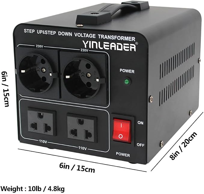 Yinleader 110V to 220V Voltage Converter Transformer Step Up/Down 120V to 240V with 2 US&2 EU Outlets 1500W [110V US Power Cord Included Only, No 220V Cord]
