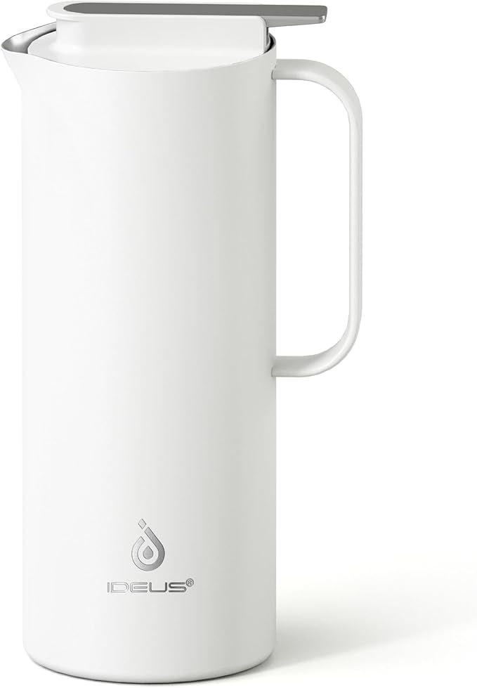 IDEUS Thermal Coffee Carafe 50oz (1,400ml), Stainless Steel Double Wall Insulated Vacuum Flask, Water Jug Coffee Server and Beverage Dispenser, Heat and Cold Retention, White