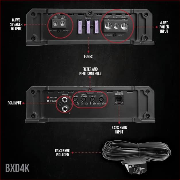 Belva BXD4K 4000W Peak BX-Series 1-Ohm Stable Class-D Monoblock Car Audio MOSFET Amplifier with Remote Subwoofer Level Control