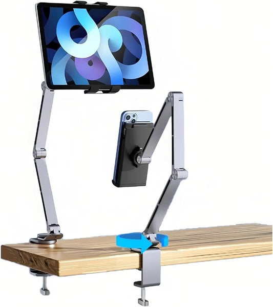Adjustable Phone Tablet Mount,Ergonomic Multi Joint Stand with Sturdy Desk Clamp, 360° Rotatable & Height Compatible with Devices for Home,Office,Studio(Gray)
