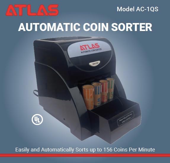 ATLAS Automatic Coin Sorter (AC-1QS), Accurately Sorts 156 Coins per Minute, 200 Coin Hopper with Starter Assortment of Quarter, Penny, Nickel, Dime Preformed Coin Wrappers. | Quickly sort up to 3 rolls of coins per minute