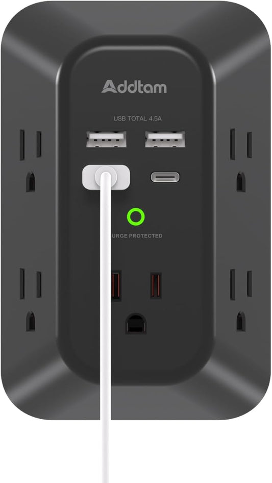 Addtam 5-Outlet Extender Surge Protector, Multi Plug Wall Outlet with 4 USB Wall Charger(2 USB C), Outlet Splitter Power Strip for Home Office Dorm Room Essentials, Plug Extension Outlet 1800J, Black
