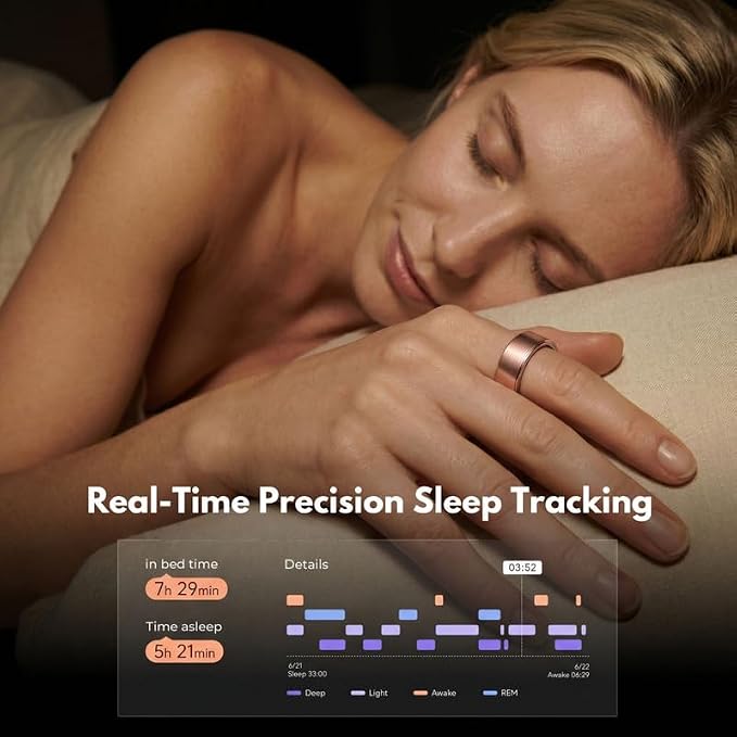 Smart Ring Health Tracker 5ATM Waterproof Sport Ring Exclusive Vibration Alerts Titanium Blood Oxygen/Sleep/Emotional Management Women Cycle Prediction Compatible with iOS/Android Dawn Rose Gold 7.5