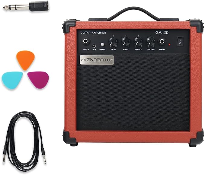 Electric Guitar Amplifier 20w amp Brown Color gain bass Treble 3.5mm aux in Drive 6.5mm Guitar Input Headphone Portable for Beginner Starter Practice Travel amp noiseless Cable Pick and Adapter in