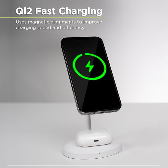PureGear Duo Magnetic 2-in-1 Wireless Charging Stand, Qi2 Certified 20W 2-in-1 Charging Station, Desk Accessory, Fast Wireless Charging, for iPhone 17/16/15/14/13/12, AirPods, White