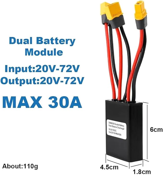 Electric Bike Dual Battery Discharge Converter 30A 24-72VDC Dual Pack Switch Balancer Double Battery Parallel Module with XT60 Plug for 500w Motor