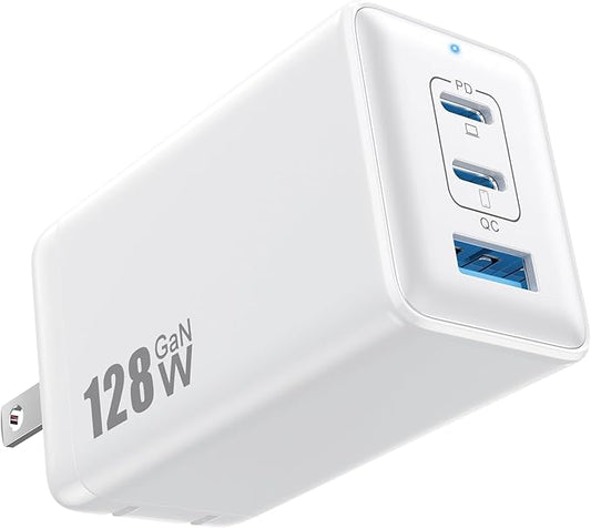 128W USB C Wall Charger,GaN III 3-Port Fast Charging Station,PD QC Foldable Charger Block Portable 65W Laptop Adapter for MacBook Pro/Air,iPad Pro,Galaxy S23,Dell XPS 13,iPhone 17/16/Pro etc