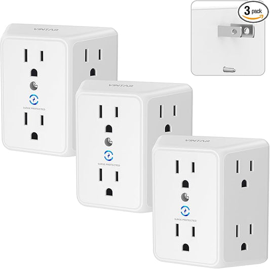 VINTAR 2 Prong to 3 Prong Outlet Adapter, 6 Outlet Widely Spaced Extender, 2 to 3 Prong Adapter, Polarized Plug, 1875W Wall Charger Surge Protector, Mountable Wall Tap for Non Grounded Outlets,3 Pack
