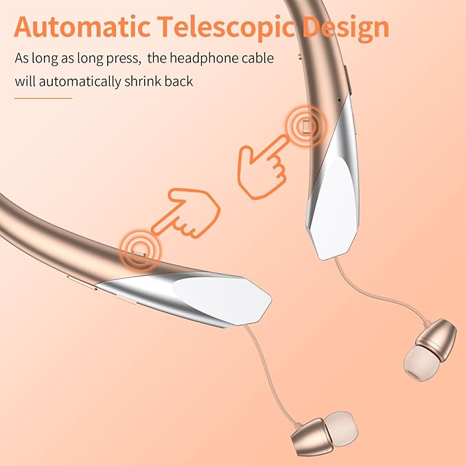 Bluetooth Headphones Retractable Neckband, Bluetooth Headset Wireless Earbuds with Microphone Vibration Call, Stereo Noise Cancelling Earphones (Rose)