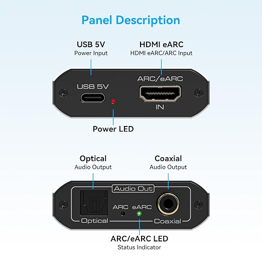 VPFET HDMI eARC Audio Extractor Only Work for HDTV ARC/eARC Audio Adapter Converter HDTV Audio Transmitted via Toslink+Coaxial ports Support 192KHZ for Soundbars Home Theaters and Audio Systems No CEC