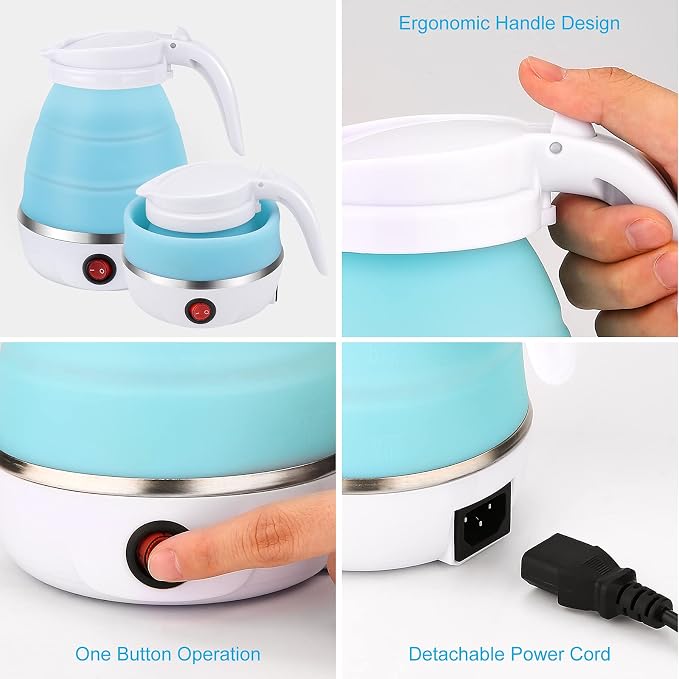 Portable Electric Kettle Travel Size, 600ML Small Foldable Tea Coffee Kettle with Collapsible Bowl and Cups, 5 Min Fast Water Boiling, BPA Free Food Grade Silicone, 110V 400W