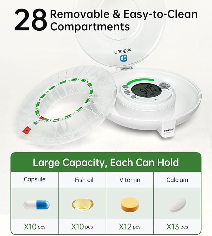 28-Day Automatic Pill Dispenser with Alarm & Light Alerts, Clear LCD Display, Key Lock, Smart Medication Organizer for Seniors, Alzheimer’s Care, for Multiple Vitamins, Supplements or Prescriptions