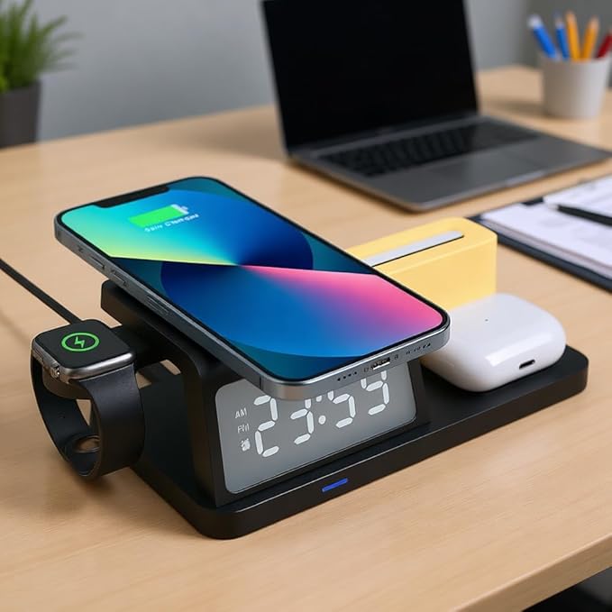 IHAO 6in1Digital Alarm Clock with Wireless Charging Station Night Light 15W Fast Charging for Qi Phone Headphone Bracket for iWatch Charger LED Display Dimmable Brightness-HT309 Black