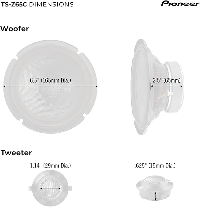 Pioneer Z-Series TS-Z65C 6.5” 2-Way Speakers (Pair) – 300W Max, Crisp Highs + Clear Vocals, Audiophile Upgrade, Add an Amplifier for Optimal Performance
