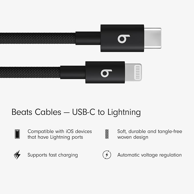 Beats USB-C to Lightning Woven Cable Fast Charging Durable/Tangle-Free Compatible Charger for Apple Devices w Lightning Ports (1.5 m, 5 ft) - Bolt Black, (Pack of 2)