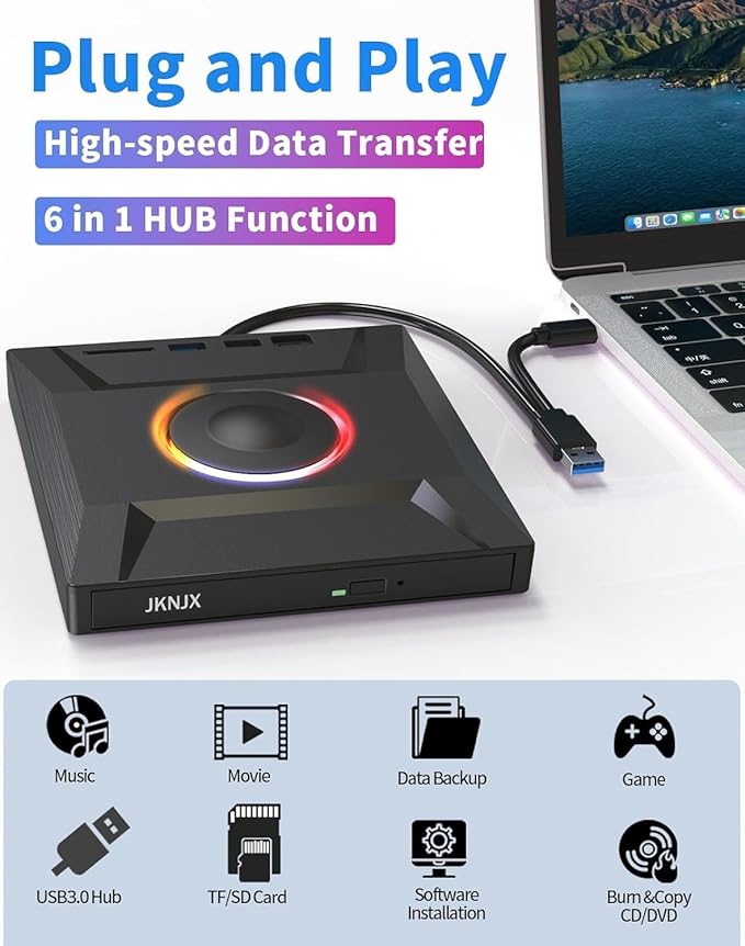 External CD DVD Drive,7 in 1 USB 3.0 and Type-C CD Burner Player Writer with 2 USB Ports and 1 TF/SD Card Slots,Portable Slim Optical Disk Driver for Laptop Mac PC Windows Linux OS