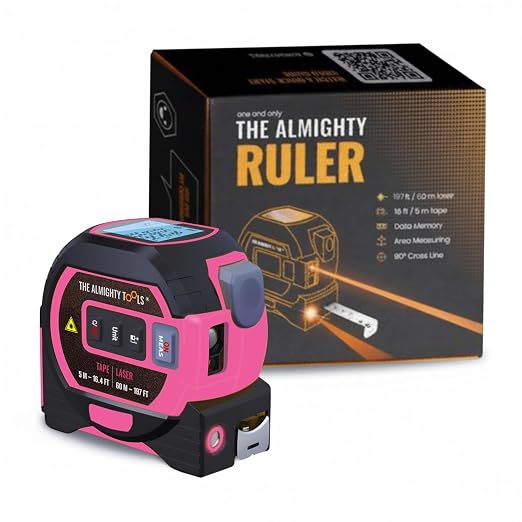 The Almighty Ruler Laser Tape Measure | Laser Distance Measurer, Heavy-Duty Tool with Cross Marking Feature, Smart Range Finder, Easy-Read Display, Ft & Metric Measurement | 196 ft | 65 yd | 60 m