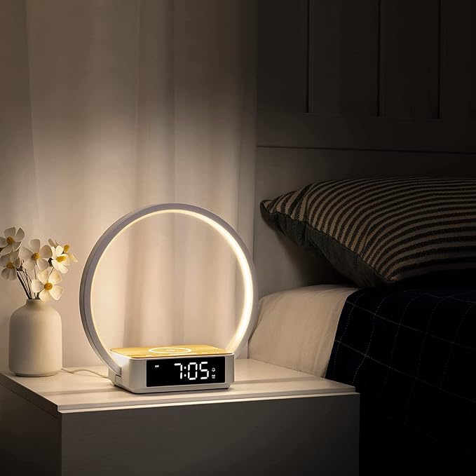 WILIT Bedside Lamp with Alarm Clock,Touch Lamp with Wireless Charger,Nightlight for Bedroom,Sunrise Wake-up Light,3-Grade Dimmable,Birthday Gifts for Her,Women,Men,Mom,Daughter,Girlfriend(Wood Grain)