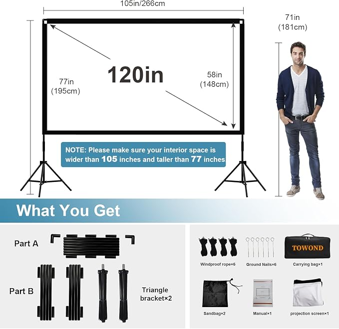 Projector Screen with Stand, Towond 120 inch Outdoor Movie Screen 16:9 HD Front Rear Portable Projection Screen with Carry Bag Wrinkle-Free and Foldable Design for Soccer Match Viewing Parties