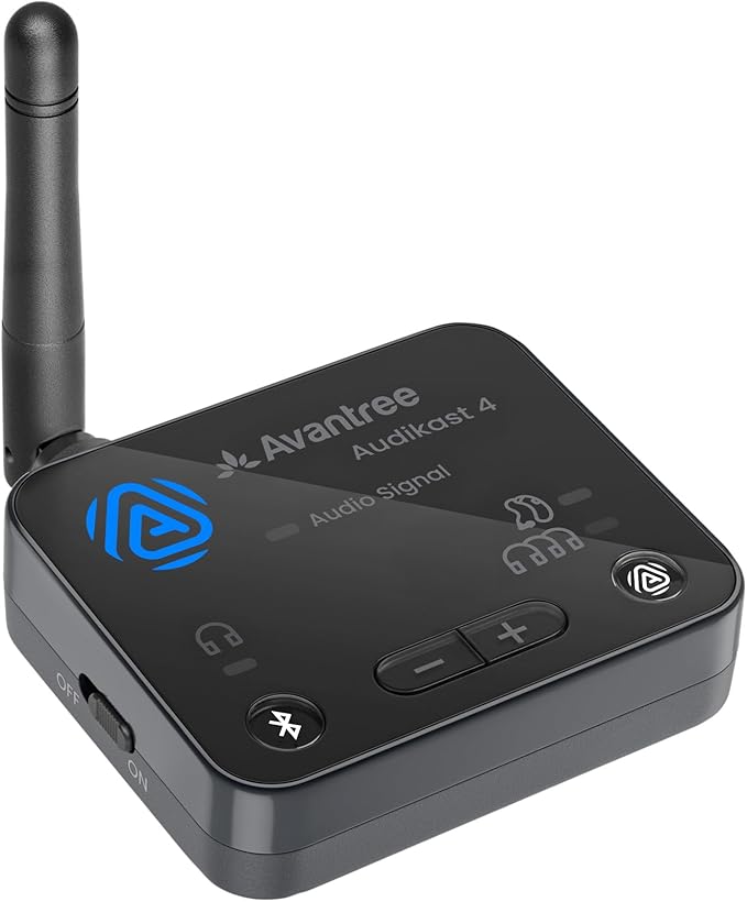 Avantree Audikast 4 - Auracast & Bluetooth TV Transmitter for Headphones & Selected Hearing Aids, aptX Adaptive & HD, Optical & AUX Output, Future-Ready & Upgradeable