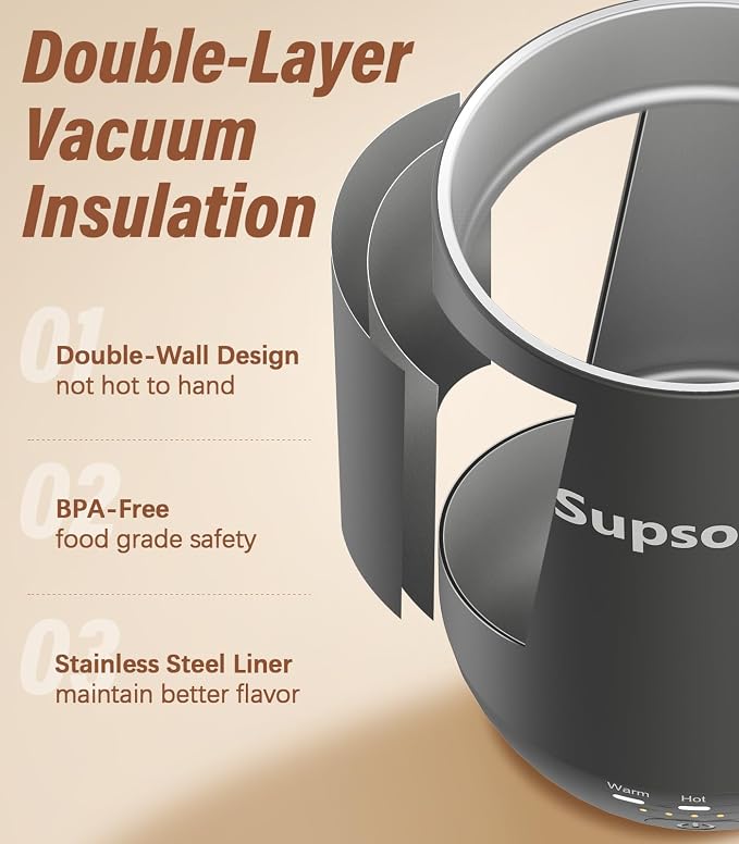 Supsonic - 16oz Self Heating Coffee Mug, Smart Heated Coffee Mug Faster Direct-Contact Heating Up to 149°F, Coffee Mug Warmer Set with Auto Shut-Off - Gifts for Men Women | S2