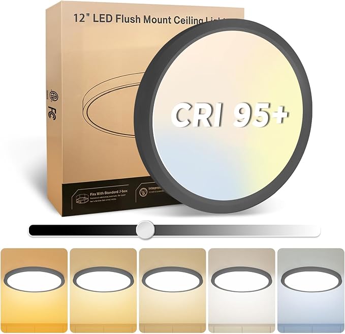 1Pack 12 Inch Black LED Flush Mount Ceiling Light, 25W, 3000LM, CRI 95+, 2700K-5000K 5Color Selectable & Dimmable, Thin Flat Surface Mount Lights for Bedroom, Hallway, Dining Room, Garage