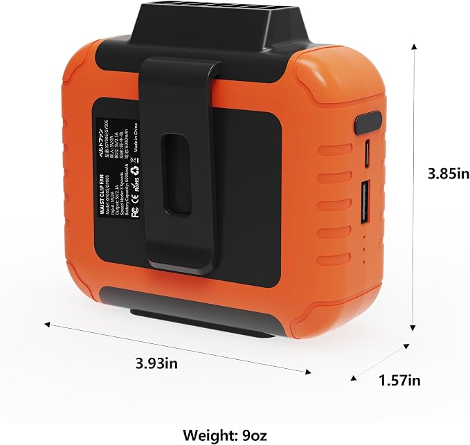 Portable Waist Fan - 6000mAh Battery, 3 Speeds, Strong Airflow, Up to 16 Hours Working Time, Portable Hands-Free Cooling Belt Clip Fan for Construction Workers, Couriers, and Campers