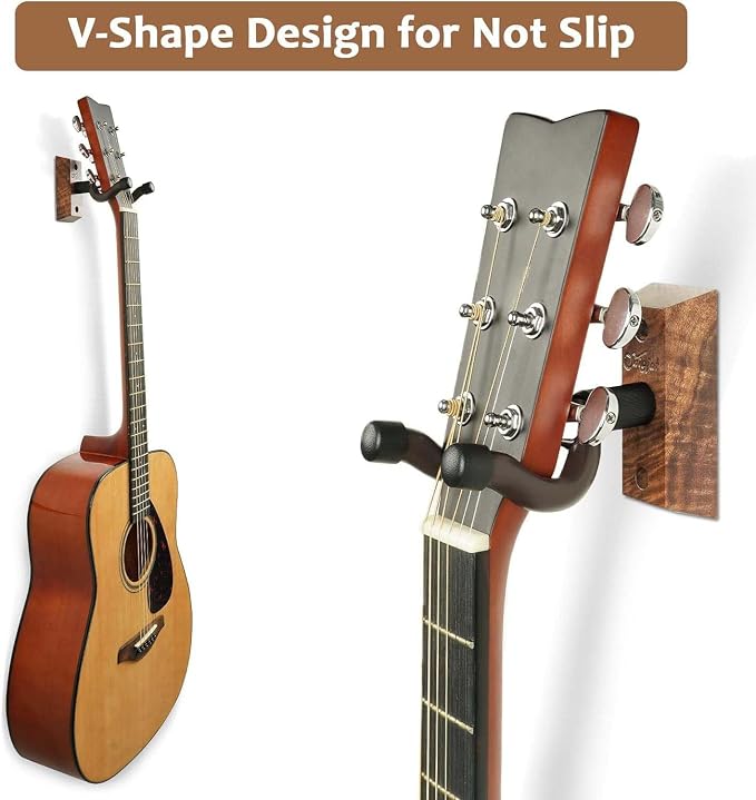 SNIGJAT 2 Pack Hardwood V-Shaped Guitar Holder Wall Mount - Hangs Acoustic, Electric & Bass Guitars