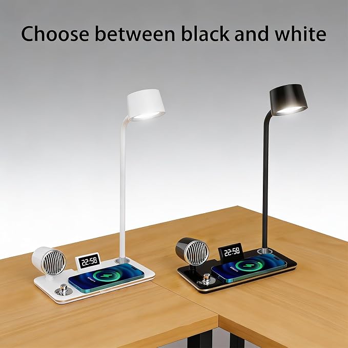 All-in-One Bedside Lamp with Wireless Charger, Digital Clock, Bluetooth Speaker & Adjustable Lighting - 15W Fast Wireless Charging, Dimmable 3 Color Modes, Flexible Gooseneck,HYT-1772 White.