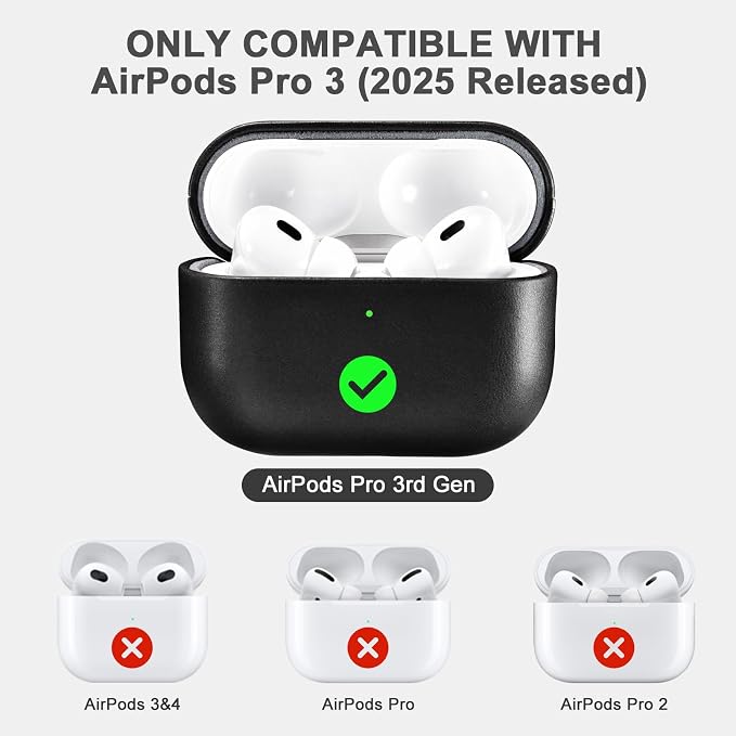 ICARER AirPod Pro 3 Case, 100% Geniune Leather Case, Handmade Top Grade Vintage Cover, Shockproof Protective Cover Support Wireless Charging, Compatible with AirPods Pro 3 2025 Model (Black)