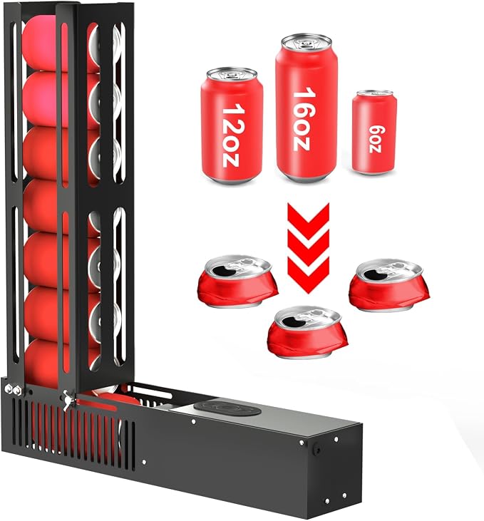 SIXRARI Electric Can Crusher for Recycling, Heavy Duty Metal Can Smasher with Automatic Eject, One-Click Operation, Holds 8 Cans at a Time, Fits 6/12/16oz Aluminum Cans/Plastic Soda Bottles (Black)