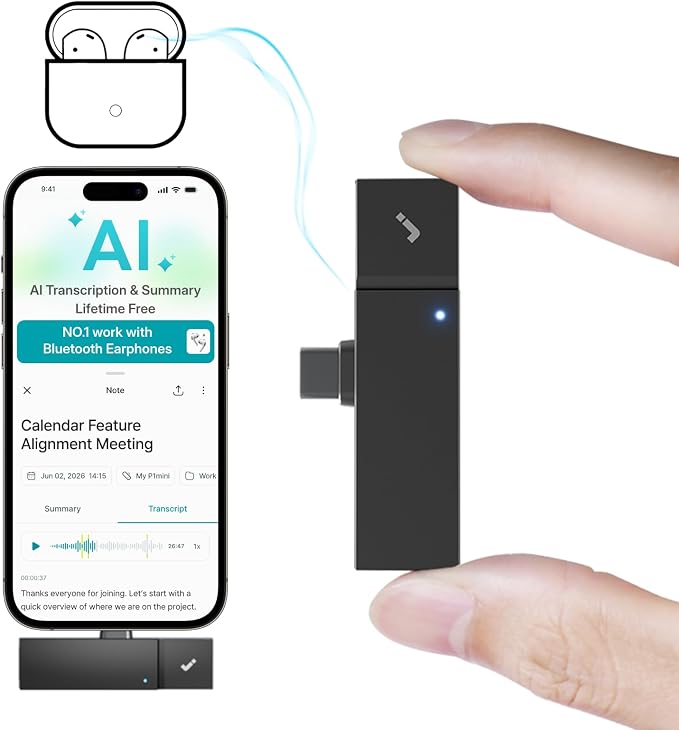 HiDock P1 mini AI Voice Recorder: Smart Voice Recorder Work with Wireless Earbuds for Meeting Lectures Calls BlueCatch Tech Digital Audio Recorder Transcription Summary HiNotes APP Control 32GB