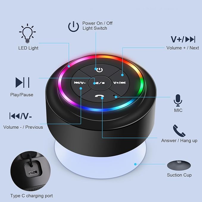 PEDVSTY Shower Speaker Bluetooth Waterproof, Mini Portable Wireless Speaker with LED Lights, Suction Cup, Floating,Crystal Sound, for Bathroom Travel Beach Pool, Ideal Electronic Gifts