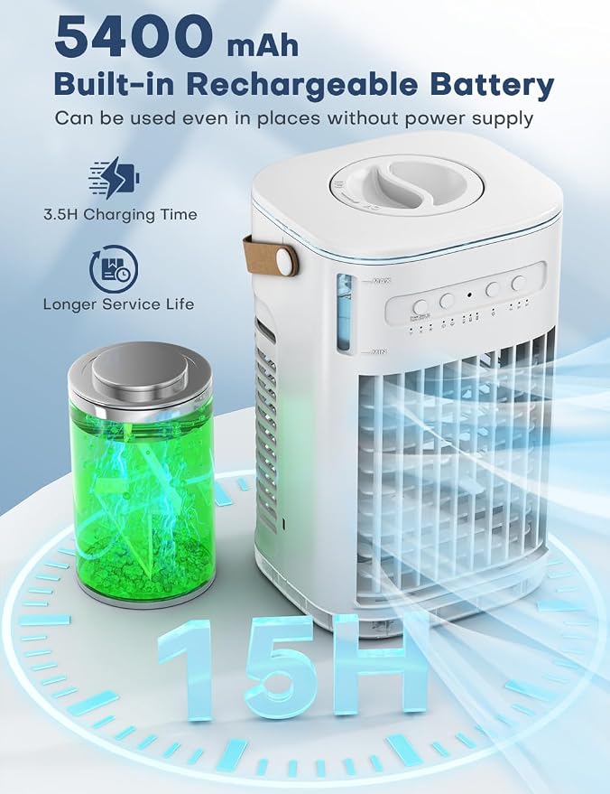 FANCOLE Small Air Conditioner, 5400mAh Battery, 2 Ice Packs Evaporative Air Cooler, 7H Smart Timer & 16.5ft Remote, 7-Color Light, 1200ML Water Tank, 3 Speed & 2 Cool Mist Portable AC Unit for Bedroom