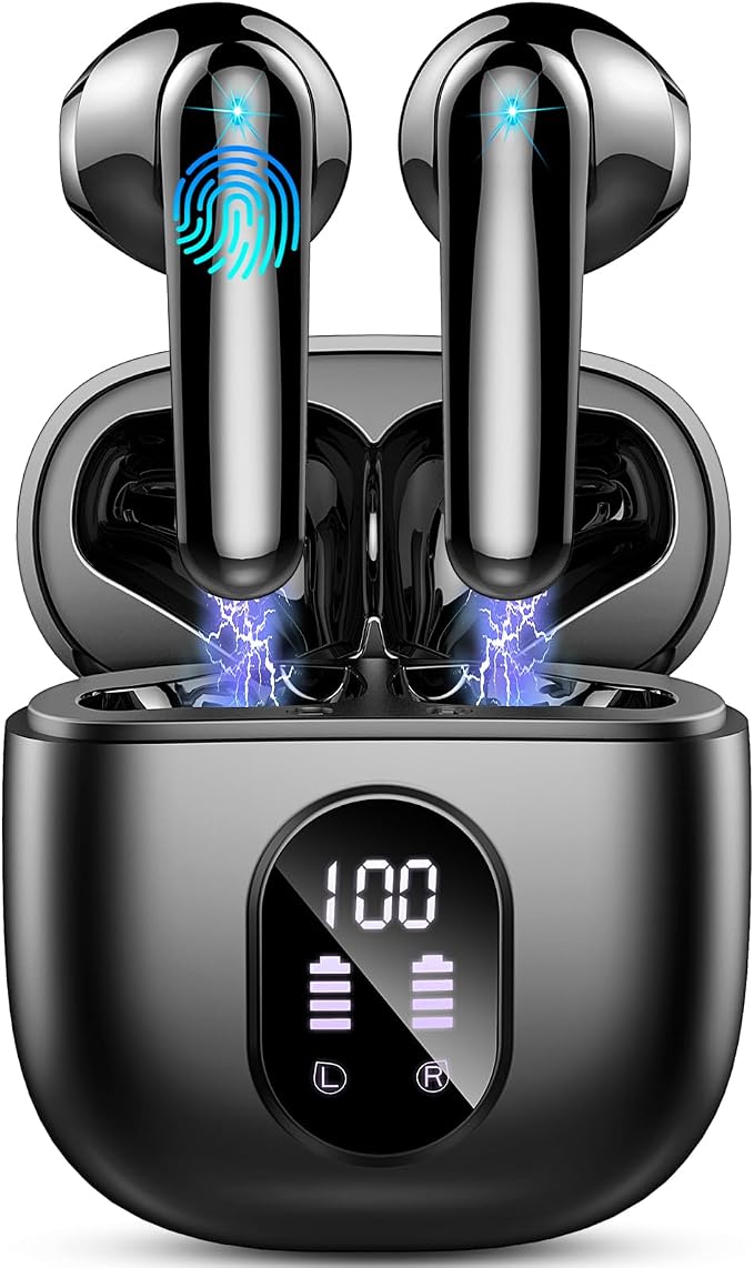 Wireless Earbuds, Bluetooth Headphones, Stereo Bass Ear Buds with ENC Noise Cancelling Mics, Bluetooth Earbuds with LED Display Charging Case, IP7 Waterproof Earphones for Android iOS/Glossy black