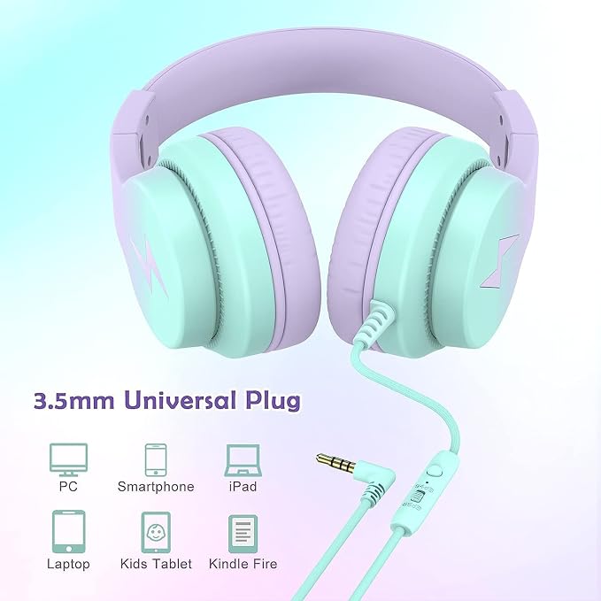 Candy Bila Kids Headphones, Wired Headphones for Kids Over Ear with Microphone, Foldable Headphone for Learning & Entertainment, Gradient Purple
